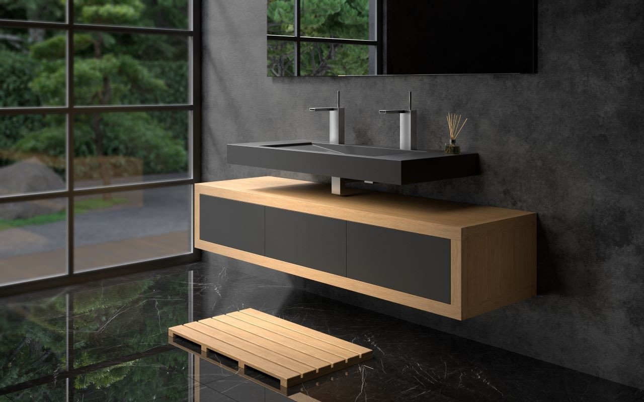 ᐈLujo 【Aquatica Millennium 180 Gabinete de Baño de Piedra y Roble para  Almacenamiento - Negro】 Los Mejores Precios — Aquatica